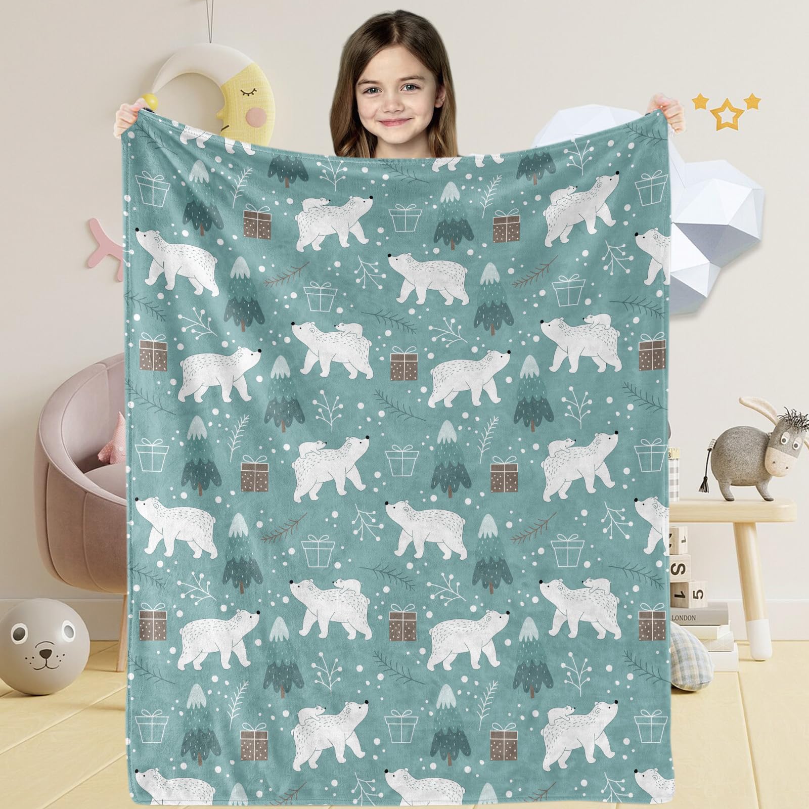 Polar Bear Baby Throw Blanket for Boys Girls, Soft Cozy Cute Blue Christmas Bear Theme Plush Flannel Crib Blanket for Nursery, 80x120 cm Polar Bear Gift Blanket for Newborn Toddler Kids Xmas Gift