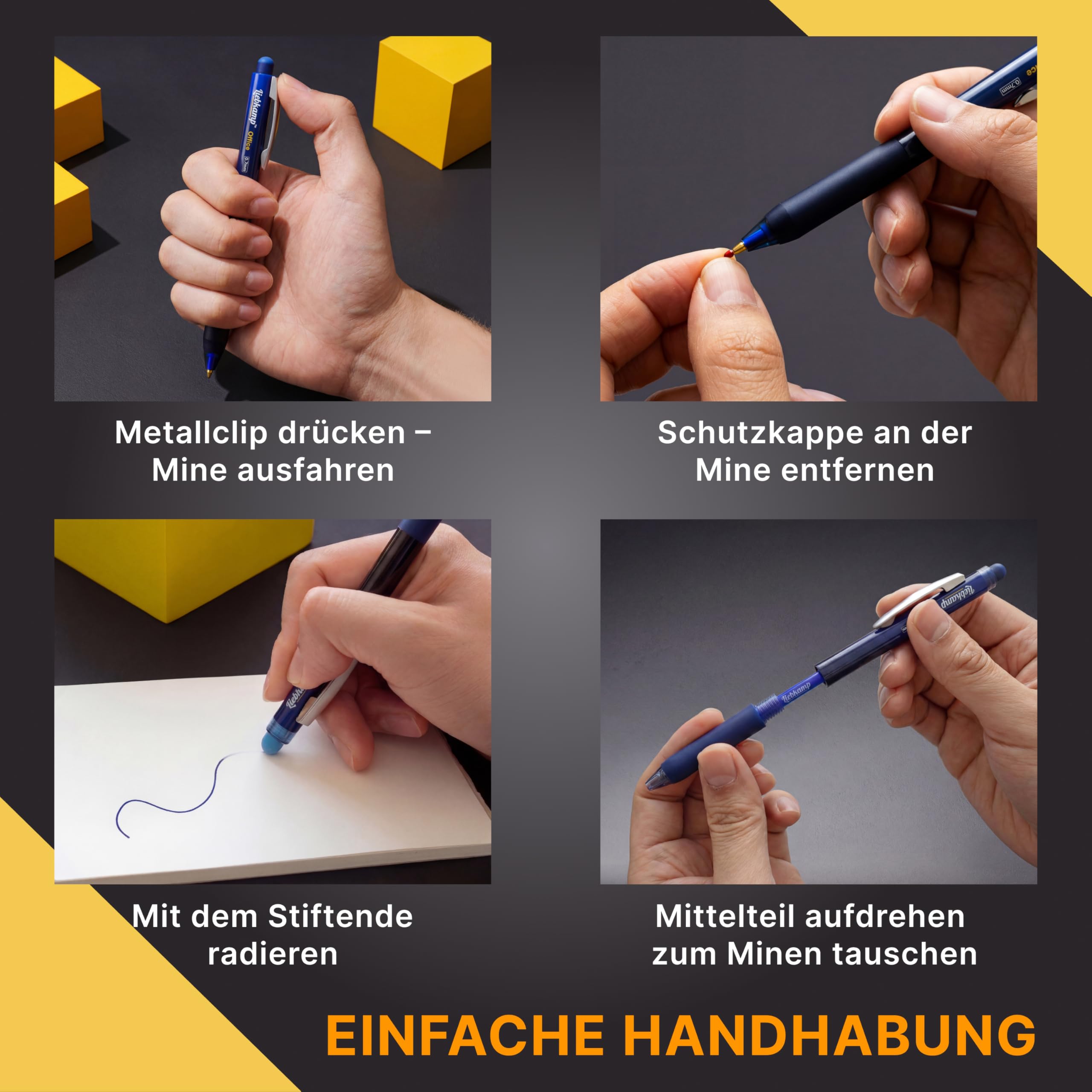 LIEBKAMP Office [4 Stk] radierbarer Kugelschreiber inkl. 0,7mm Mine | kratzt & schmiert nicht | Tintenroller radierbar | Radierstift | Gelstifte Radierbar | Erasable Pen | Gelschreiber Radierbar 4