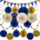 Blue Gold Party Decorations Paper Fans, Graduation Season Hanging Glitter Triangle Flags Banner Hanging Paper Fan Happy Birthday Banners and Triangular Flag, Bridal Shower,Blue Themed Birthday