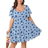 SHESTARR Womens Plus Size Casual Mini Dress Sweetheart Neckline Short Flutter Sleeve Smocked A Line Tiered Ruffle Dresses