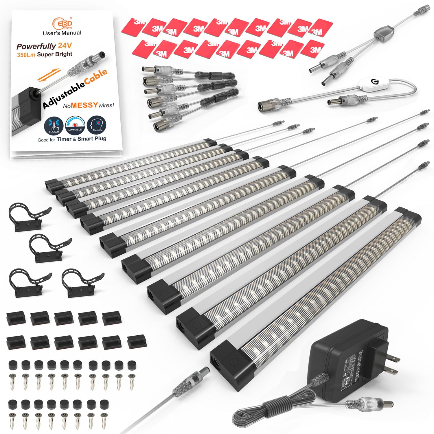 Photo 1 of EBD Under Counter Lights Touch LED Under Cabinet Lighting Built-in 18” Adjustable Cable, Splitter & 3 External Cable, 9 Pcs 3000K Warm White 3150Lm Kitchen Under Cabinet Lights