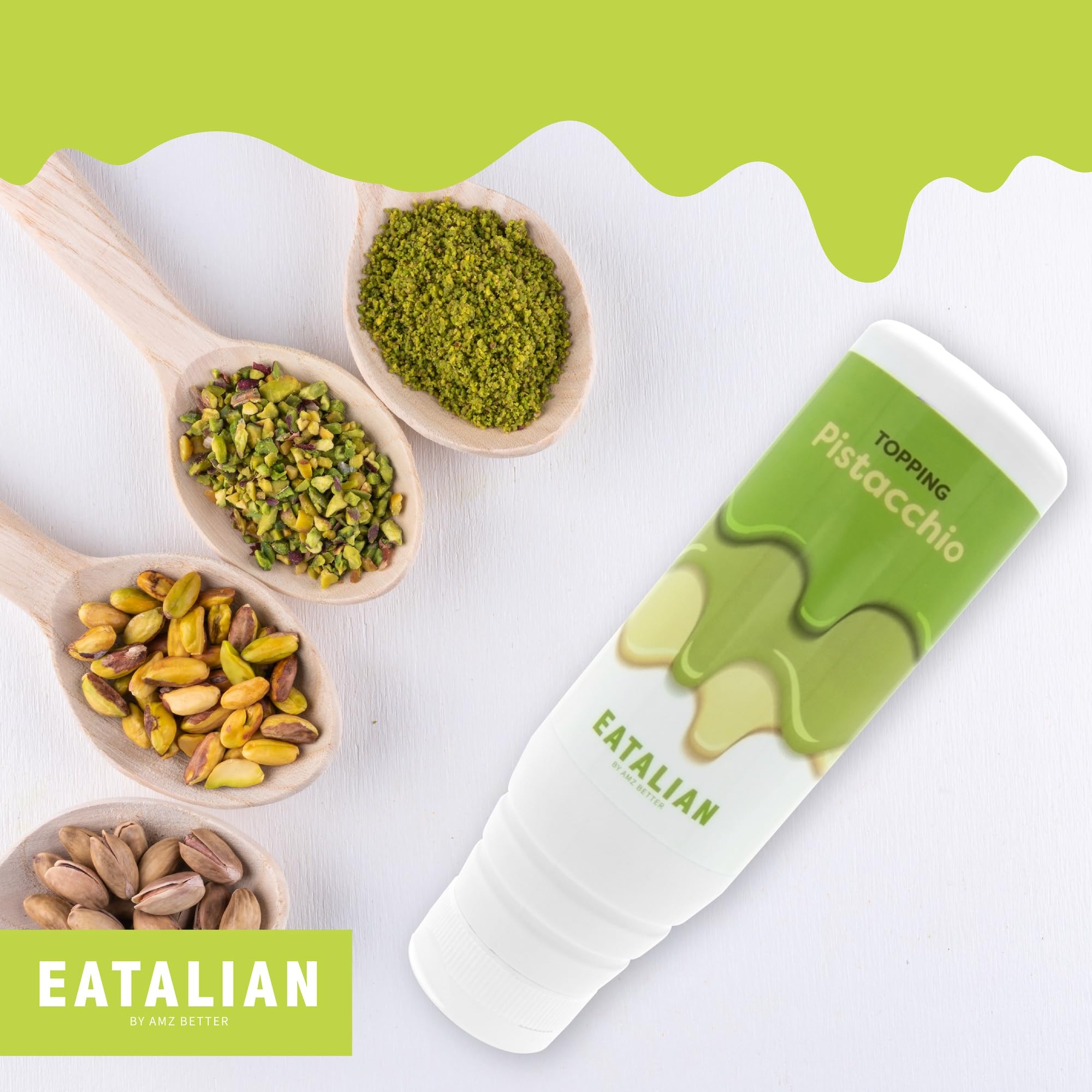 EATALIAN by AMZ BETTER Topping mit Pistaziengeschmack, Süße Proteincreme im Squeezer 300 gr, Made in Italy, Pistaziensauce Ideal zum Dekorieren von Eis, Desserts und Dubai Chocolate 3