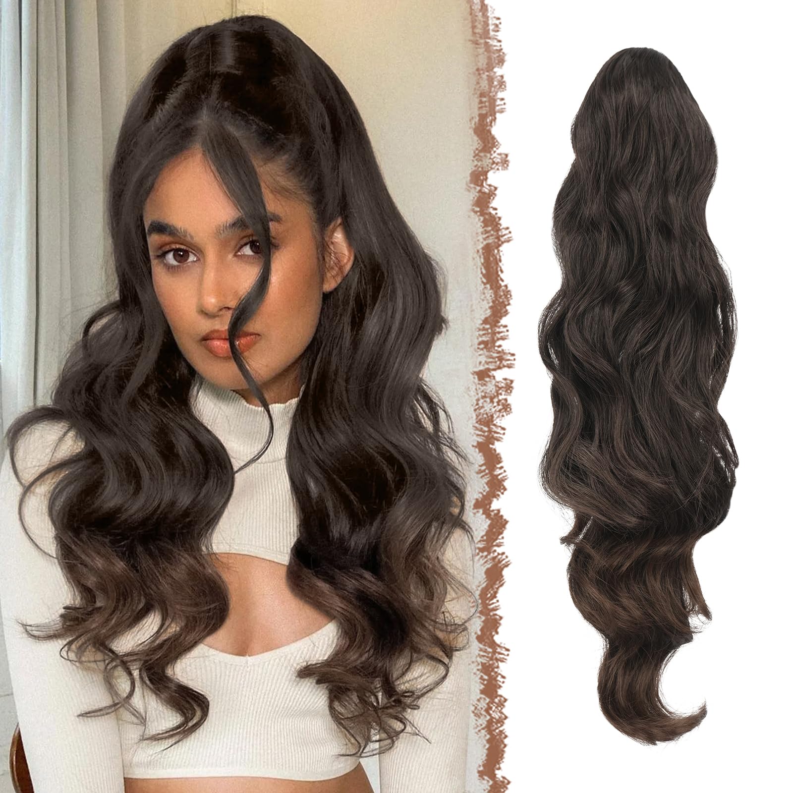 FESHFEN Long Ponytail Extension Curly Wavy Clip in Synthetic Hairpieces Drawstring Ponytail Black to Brown Pony Tail Hairpiece Hair Pony Extension for Women Girls, 24 inch — image 1