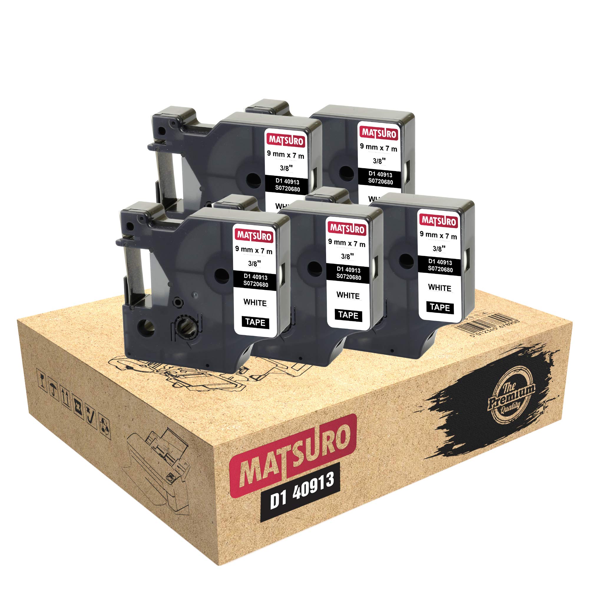 Matsuro Original | Compatible Label Tapes Replacement for DYMO D1 40913 S0720680 Black on White (9mm x 7m | 5 Pack)