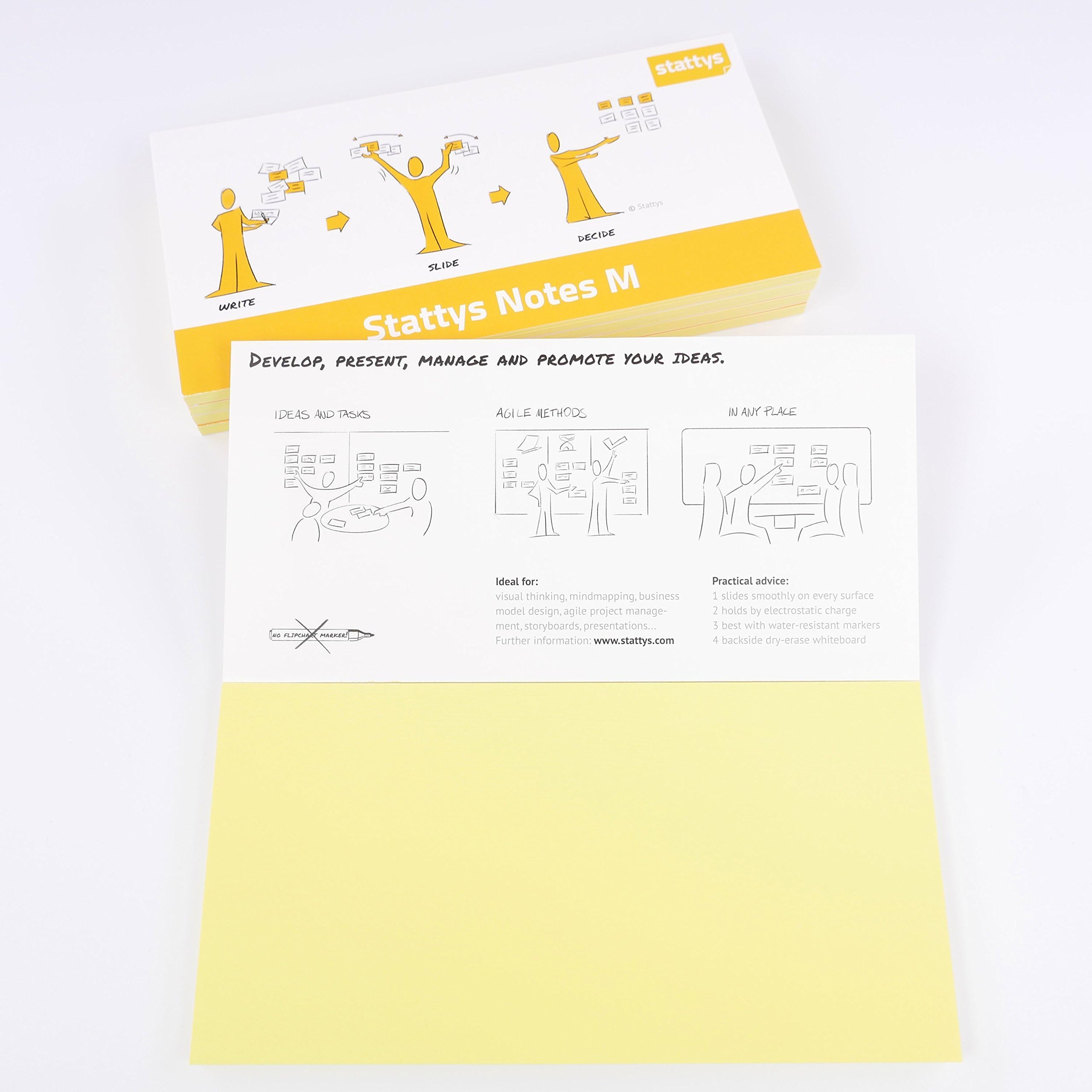 Stattys Notes, self-adhesive electrostatic magnetic notes, stick to all smooth surfaces, visualize, move and structure ideas and topics, set of 5, in size M (20 x 10 cm), yellow
