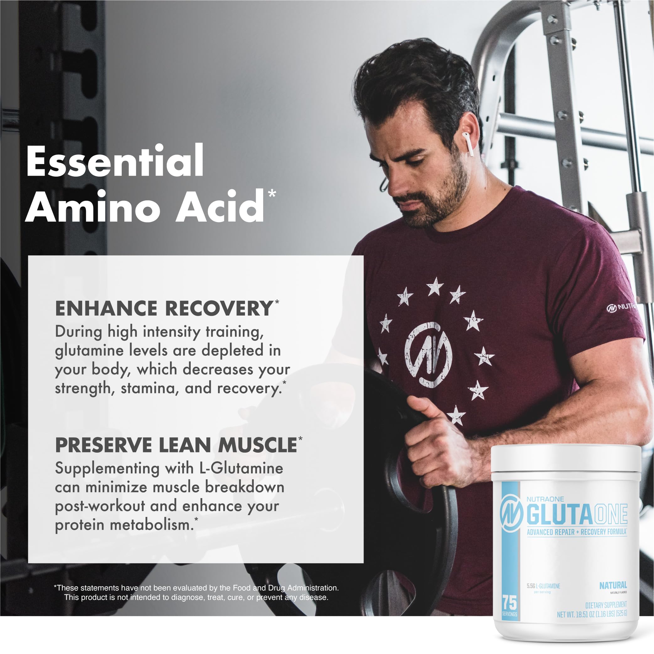 NutraOne GlutaOne L-Glutamine Powder Post Workout Recovery Supplement (75 Servings)