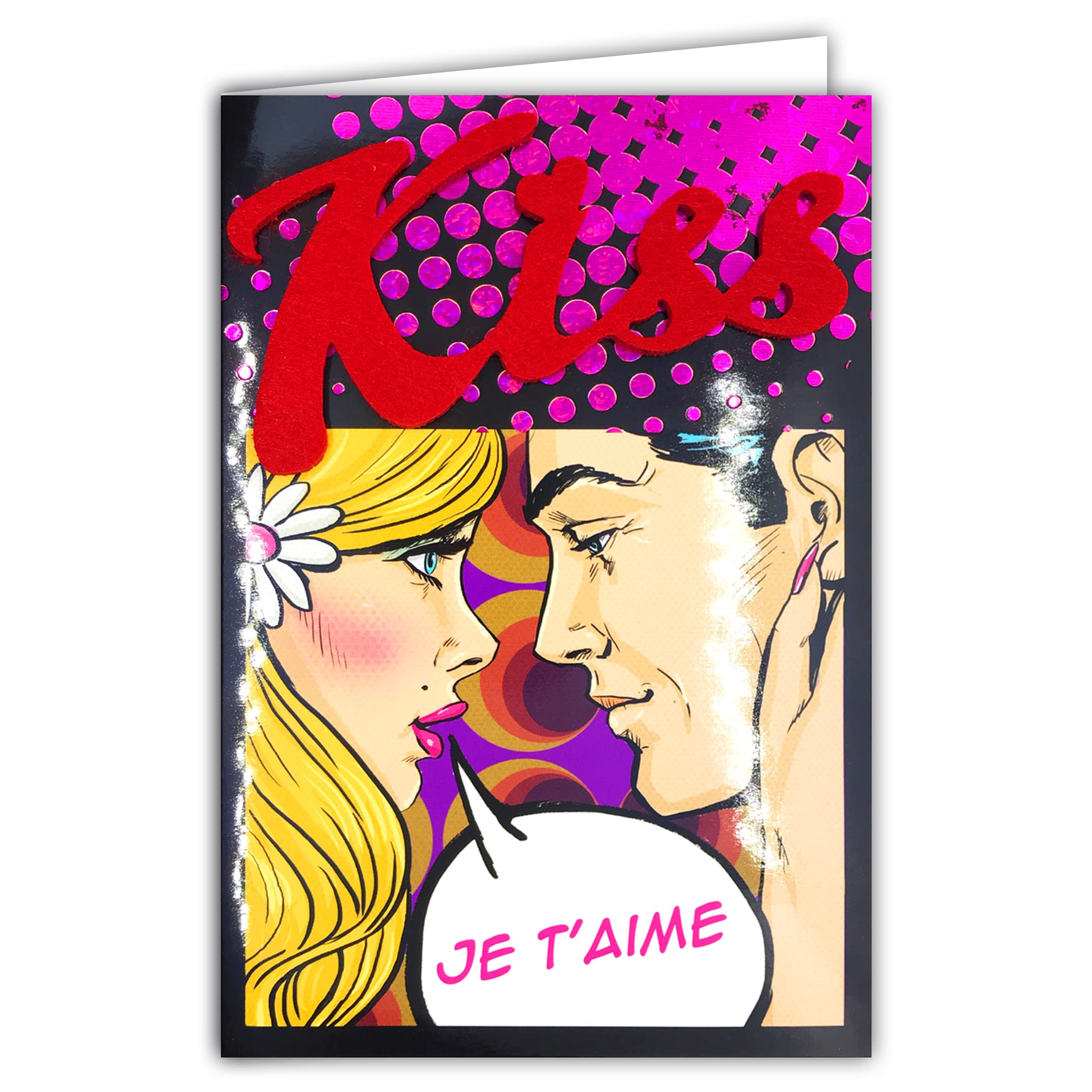 Afie I Love You Hologram Card Shiny Pink Kiss Red Embossed Felt Bonded Couple Pop-Art Comics American Comic Comic Comic Sentiments in Love Valentine's Day 14th February with Envelope 65-1126-B