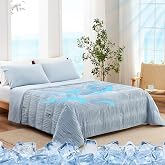 Snuggle Sac Cooling Comforter Queen Size &ndash; Q-Max 0.43 Striped Cooling Blanket for Hot Sleepers&amp;Night Sweats, Light Breathable Summer Blanket, Dual-Sided Silk-Smooth, 90x90 Inches, Haze Blue