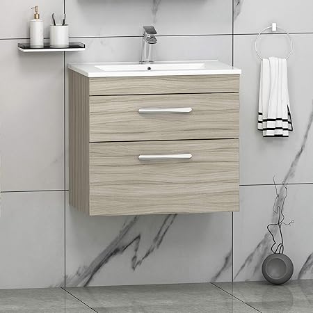 600mm Wall Hung Bathroom Vanity Unit Minimalist Basin 2 Drawers Storage Cabinet Furniture Beachwood Amazon Co Uk Kitchen Home