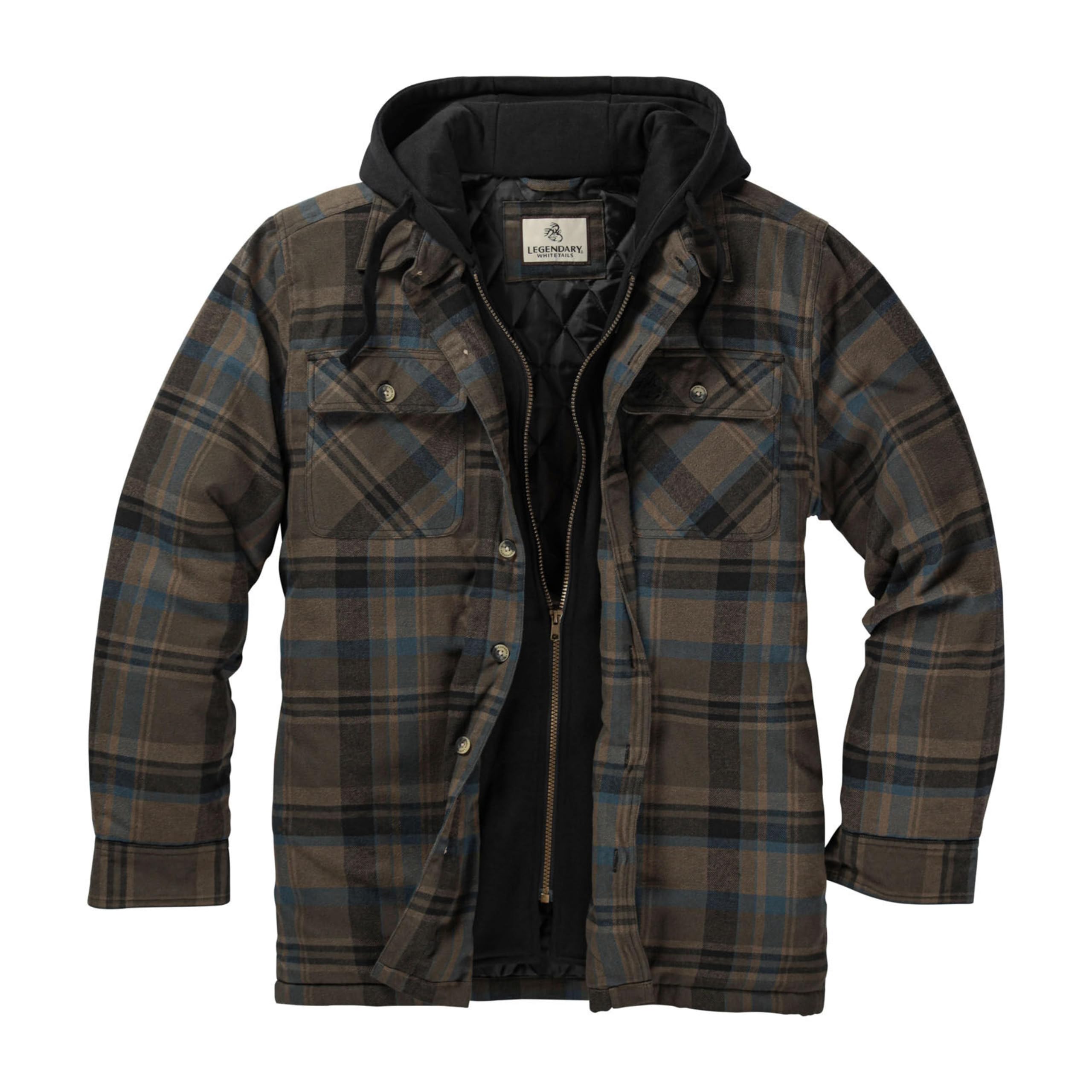 Legendary Whitetails Mens Plaid Flannel Shirt Jacket Quilted with Hood Polyfill Insulated, Winter Rain Plaid, LT Image