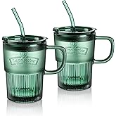 Joeyan Glass Coffee Cup Tumbler with Handle Lid and Straw, Smoothie Iced Coffee Tea Glasses Mug, Green Colored Drinking Jar for Water Juice Beverages Soda Milk, 15oz, Set of 2, Dishwasher Safe