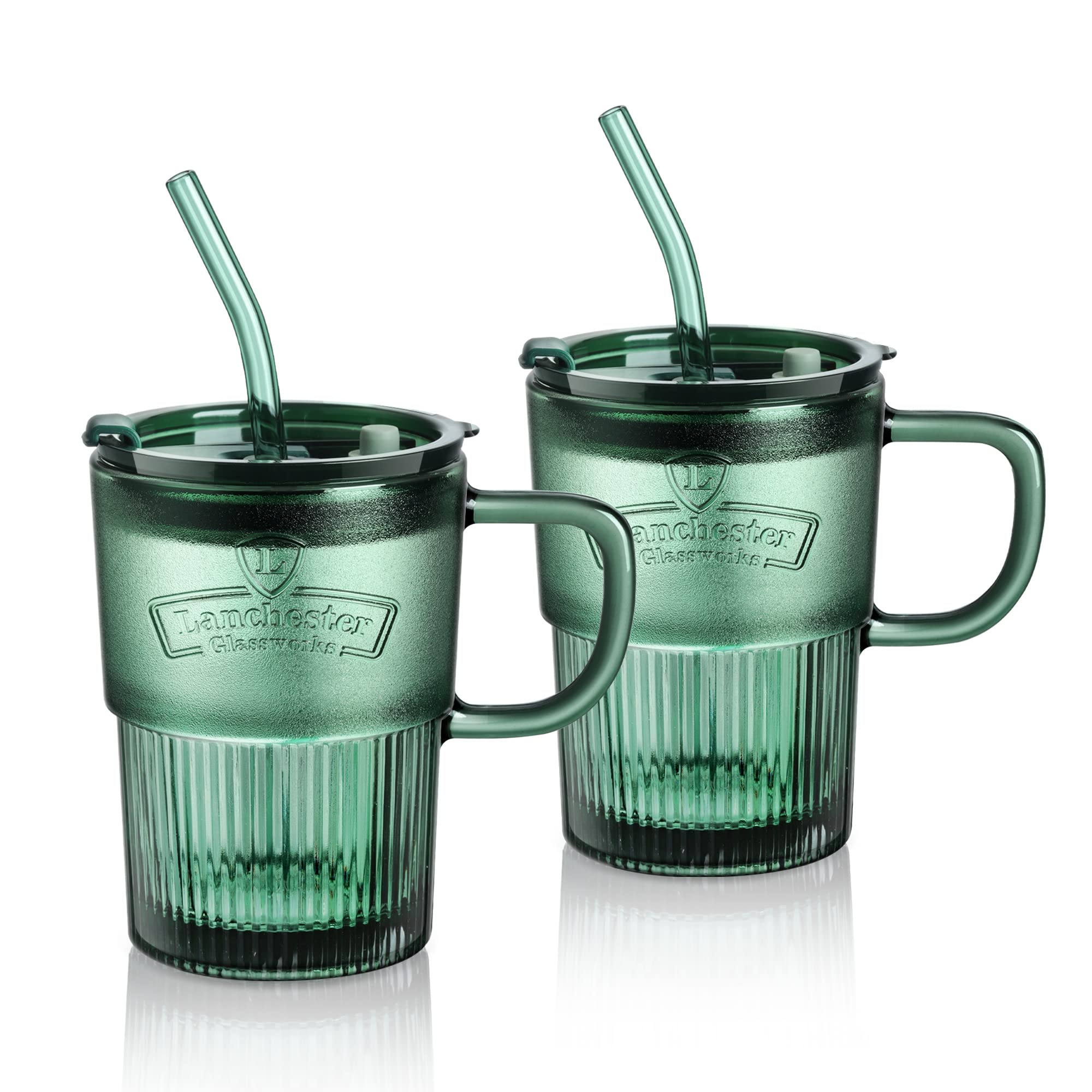 Joeyan 450ml Glass Cups with Lids and Straws, Iced Coffee Glass Mug with Straw and Lid, Set of 2 Green Water Glasses with Straw for Home Office Bedside
