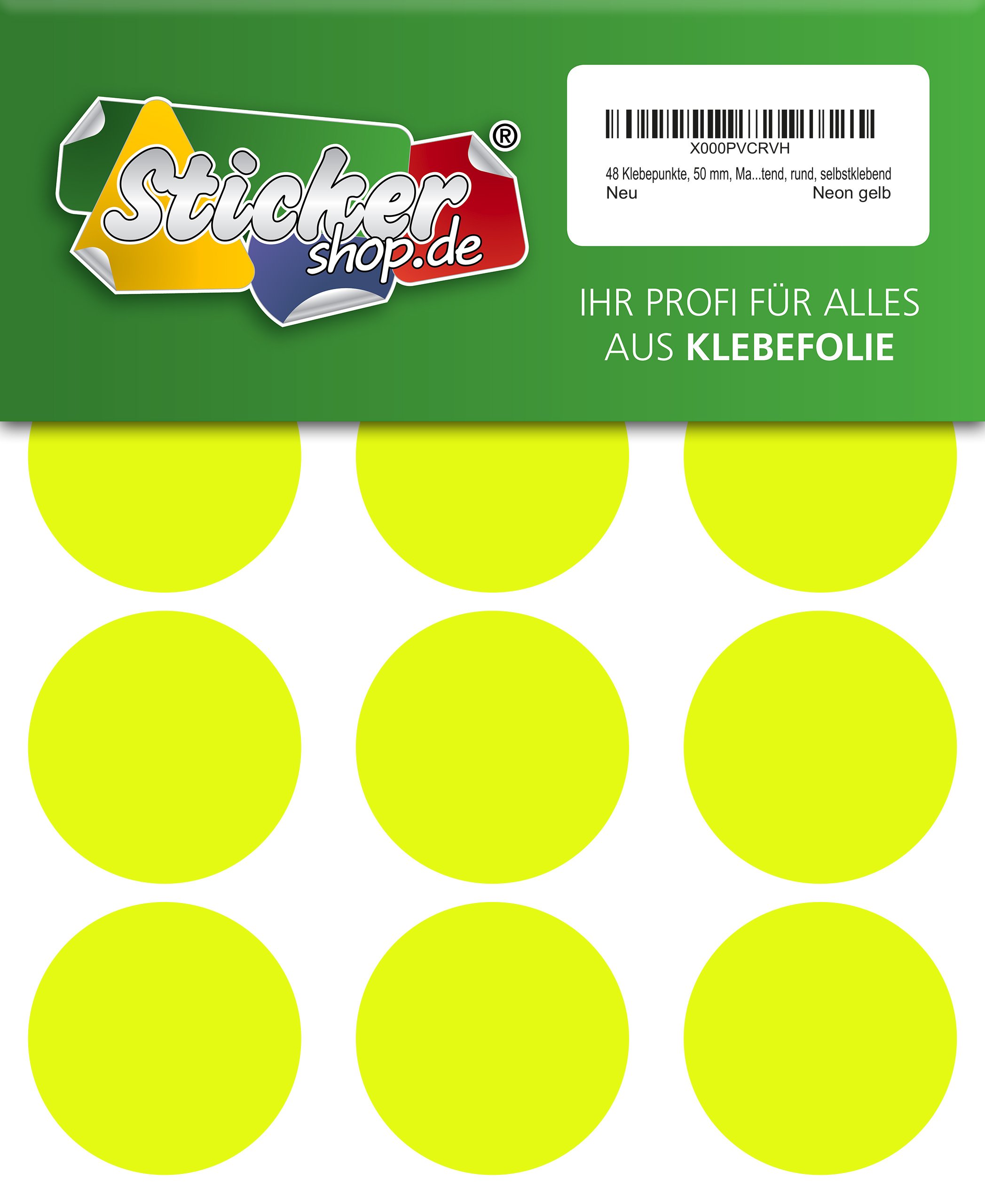 48 Adhesive Dots, 50mm Marking Dots, Dots, PVC, Vinyl, Foil, Neon Yellow, Luminous, Round, Self Adhesive