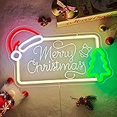 hhuohuona Merry Christmas Neon Sign Dimmable Neon Christmas Sign with Santa Hat & Tree Merry Xmas Light Up Signs for Wall Decor Holiday Gifts Decorations for Home