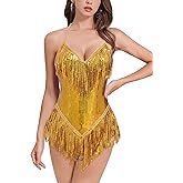 IDOPIP Women Sequin Fringe Bodysuit Sparkly Tassel Leotard Romper Women's Latin Dance Dress Sexy Festival Rave Party Outfits
