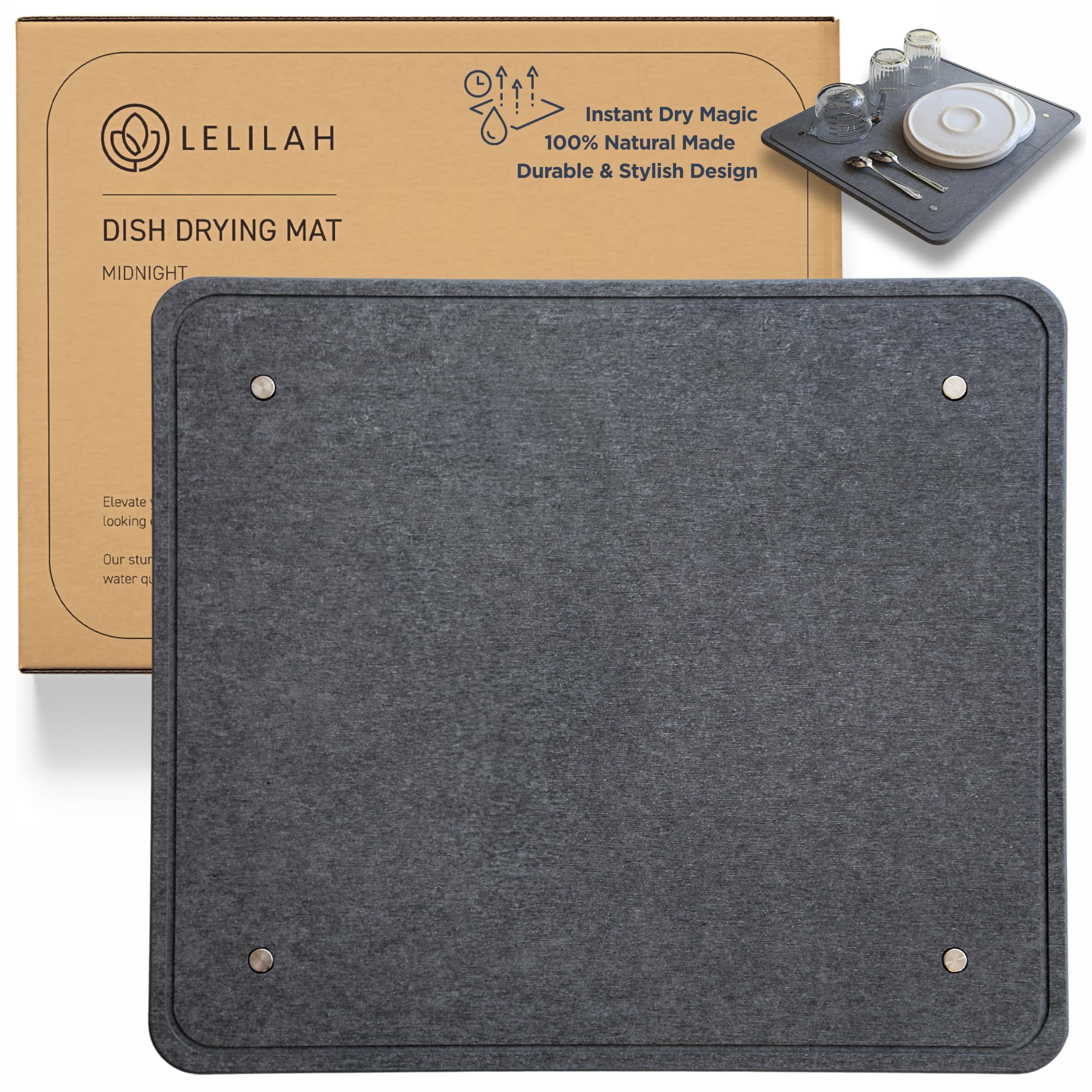 Photo 1 of *** ITS USED***Large Stone Dish Drying Mat for Kitchen Counter | 18"x16" Super Absorbent Eco Diatomaceous Earth Stone Drying Mat w/ Stainless Steel feet | Non-slip | Heat Resistant & Odorless - Midnight Gray