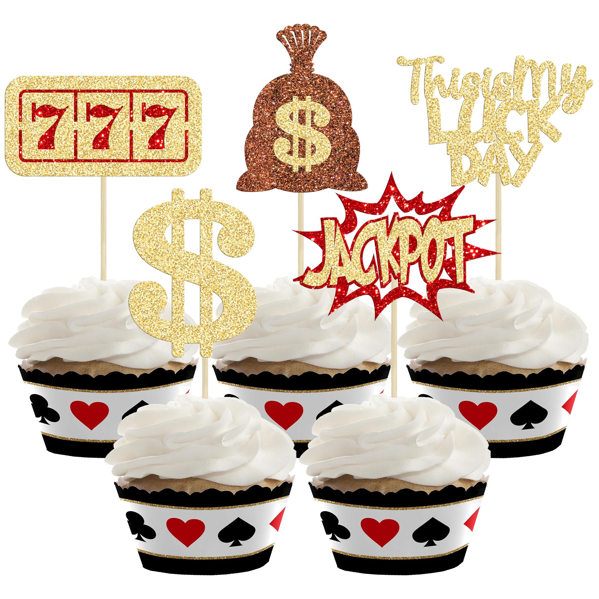 Gyufise 25Pcs Poker Heart Cupcake Toppers Vegas Theme Gambling Cupcake Picks for Casino Poker Night Party Supply Decorations