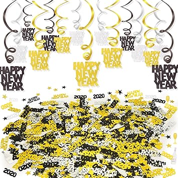 Howaf 15pcs 2020 New Year Hanging Swirls Decoration Black Gold
