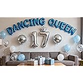 17th Birthday Party Dancing Queen Decorations, Dancing Queen Silver Disco Ball Crown Number 17 Foil Balloons Blue Decor Supplies for Girls Daughter 17 Years Disco Theme Mamma Mia Birthday Party