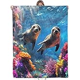 Bidesk Playful Seals Underwater Blanket Soft Cozy Flannel Ocean Coral Throw Blanket, Warm Lightweight Cute Seals Blankets for Travel, Couch, Bed, for Adults Women Kids, Outdoor Comfort Wrap 60"×50"