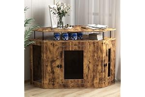 Bonzy Home Furniture Style Corner Dog Crate with Cushion, 52" L Wooden Dog Kennel End Table for Medium Large Dogs, Indoor Dog House with Side Storage Cabinet, Soft Cushion, Brown
