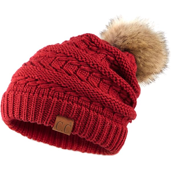 Cable Pom Pom Beanie Unisex - Red Thick and Warm Knit Winter  display picture 1