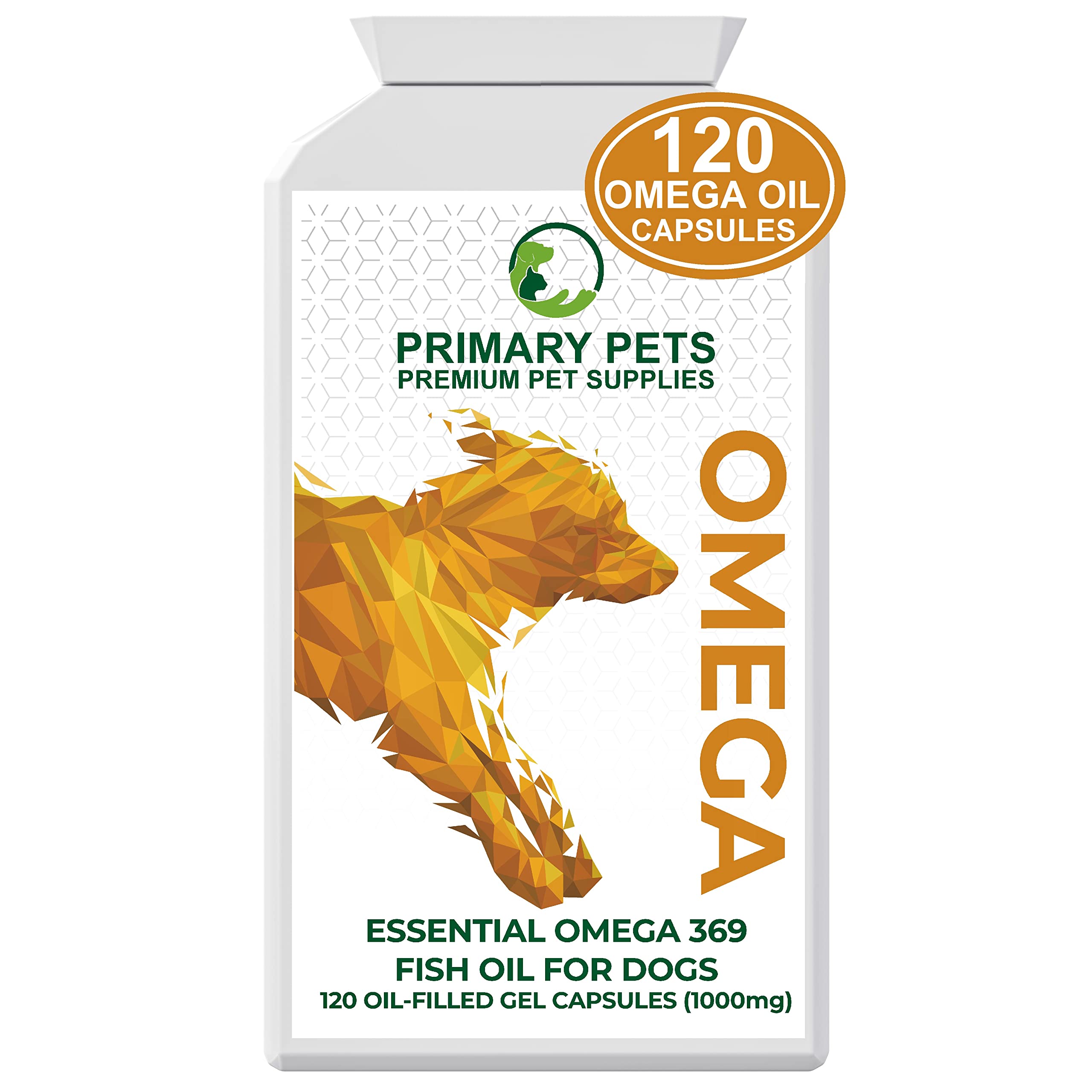 Primary Pets Premium Pet Supplies - Omega 3 Fish Oil for Dogs. 120 x 1000mg Oil Capsules. Supports Healthy Skin and Shiny Coat, Maintains Joint and Brain Health, Helps Maintain Immune System
