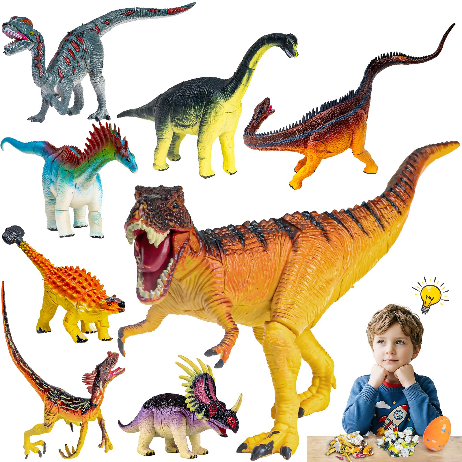 YTKIH 8Pack Dinosaur Building Toys for 3 4 5 6 7 8 Year Old Kids,Slot-Assembly Realistic Dinosaur Building Blocks with Easter Egg for Easter Basket Stuffers,Easter Gifts for Girls,Boys