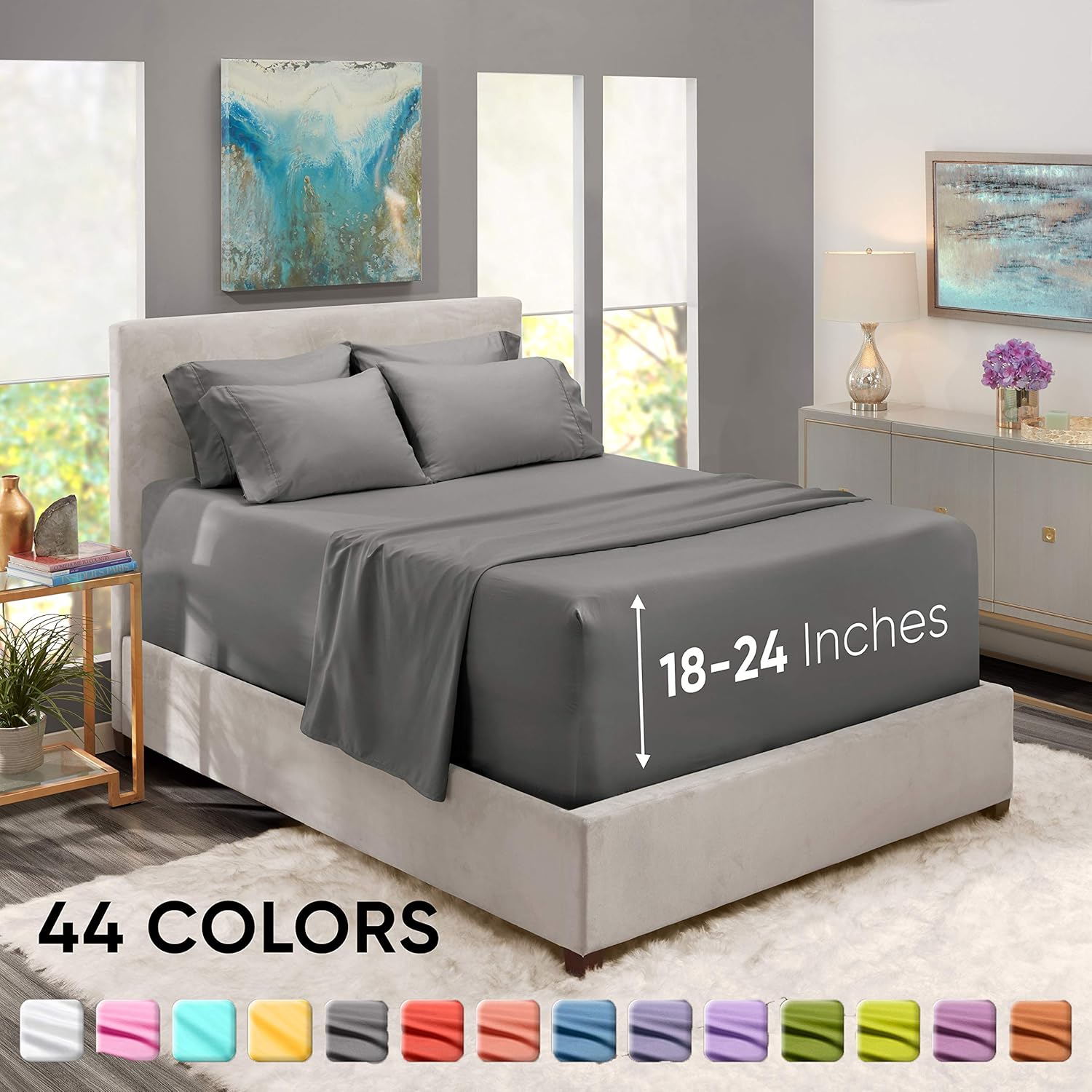 Nestl Extra Deep Pocket Sheets – Dark Grey Deep Fitted Sheet Set Queen Size - Super Deep Sheets fits 18 to 24 Inches Mattress - Hotel Ultra Deep Comfy Bed Sheets - 6 PC Gray Deep Pocket Queen Sheets: Home & Kitchen