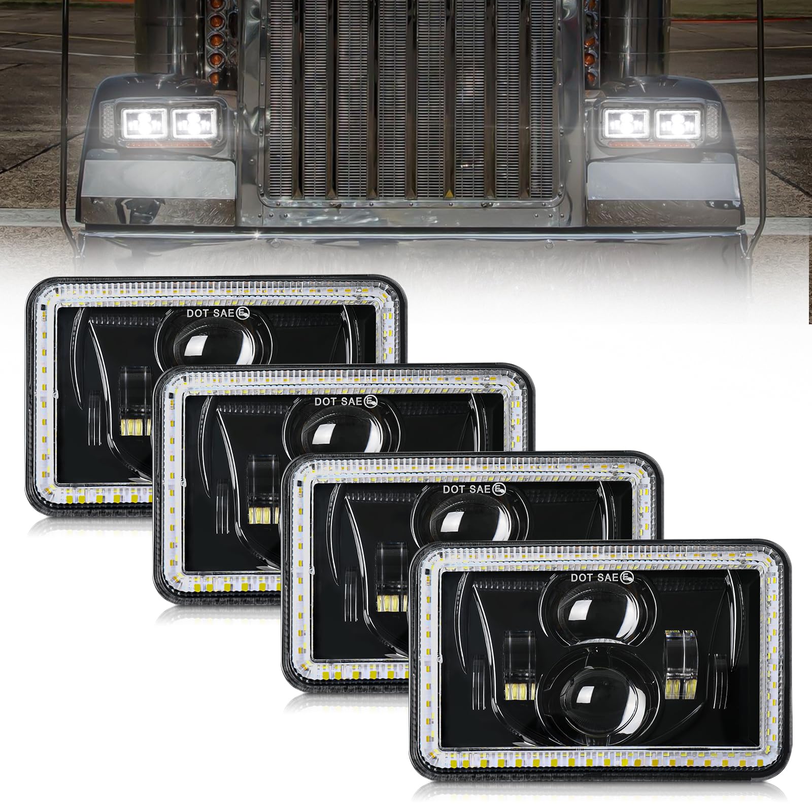 Photo 1 of MAYELLO 4Pcs 4x6 LED Headlights DOT 60W Hi/Lo Sealed Beam Headlights Compatible with Peterbilt 379 Kenworth T800 T600 Freightinger Ford Probe Chevy Oldsmobile Cutlass H4651 H4652 H4656 H4666 H6545