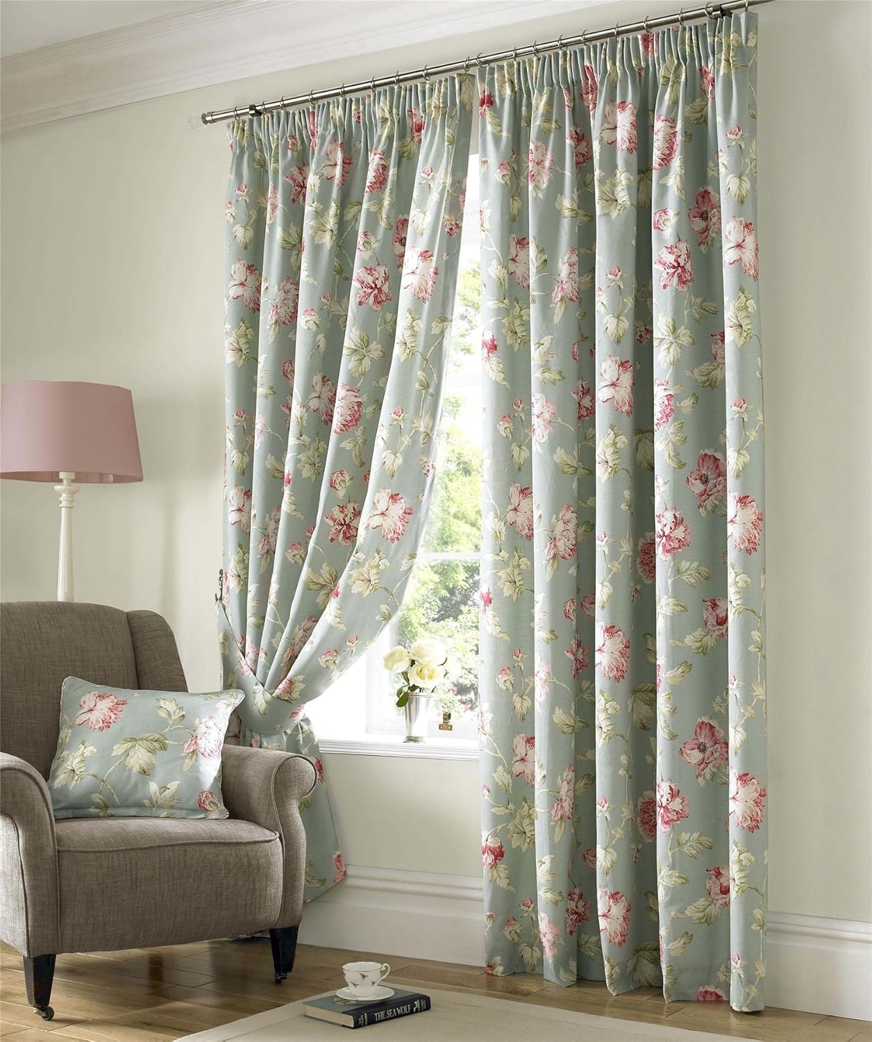 Homescapes Vintage Chic Style Duck Egg Blue and Pink Floral Pencil Pleat Curtain Pair Width 46 x