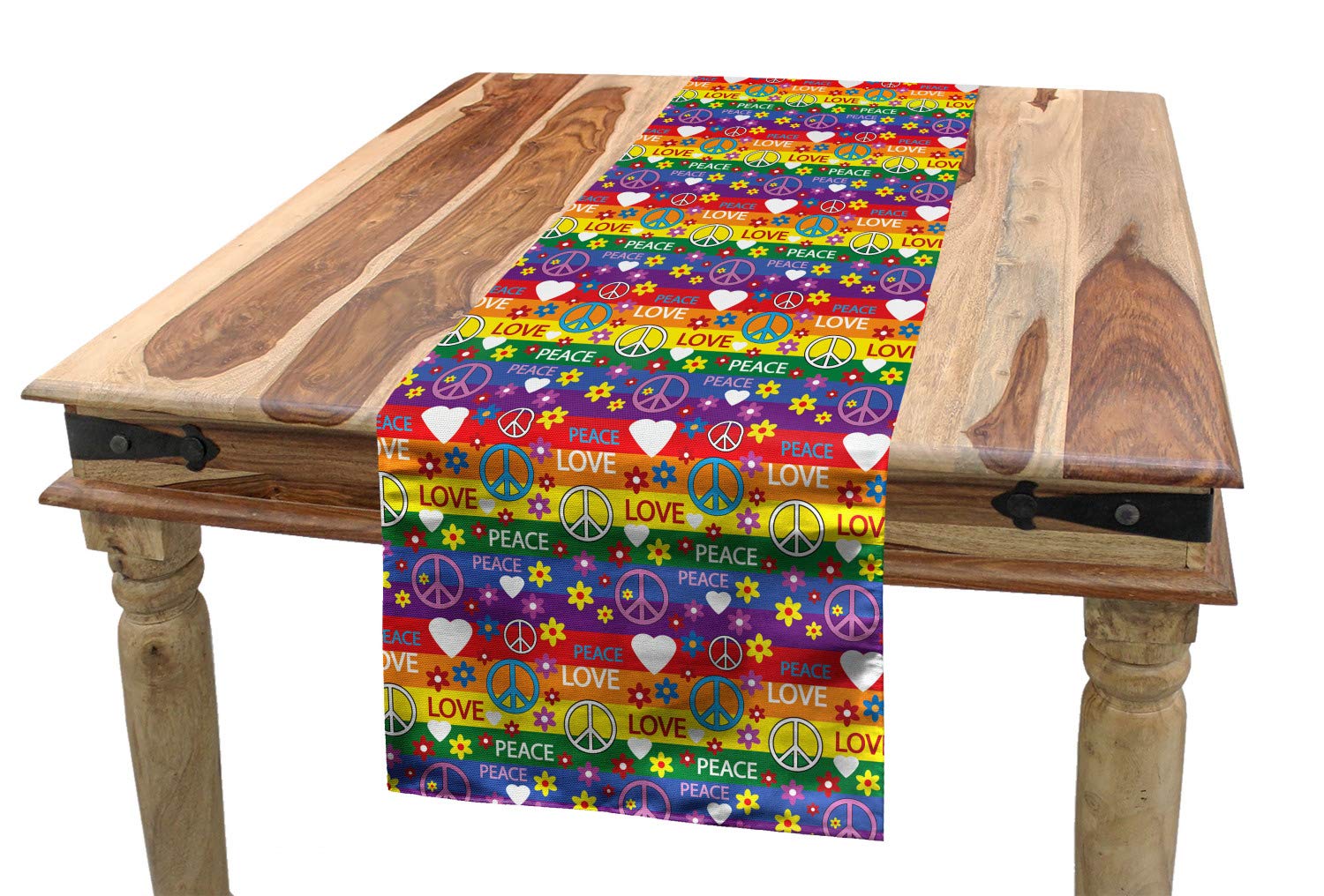 Ambesonne Groovy Table Runner, Heart Peace Flower Power Political Hippie Cheerful