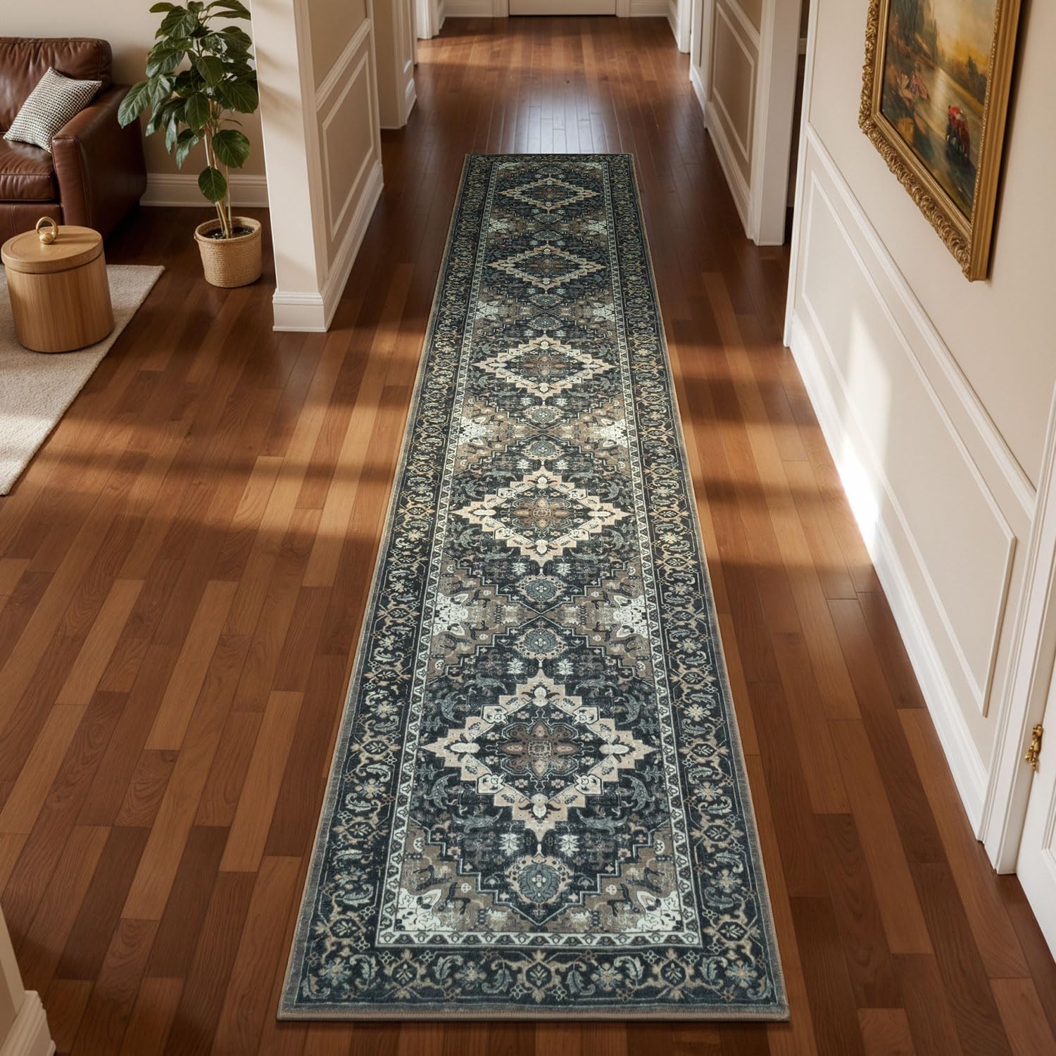 Lessymo Washable Long Runner Rug for Hallway, 2 x 10 Entryway Rugs Boho Faux Wool Low Pile Rug for Kitchen, Floral Medallion Vintage Rugs with Non-Slip Rubber, Black Brown Image