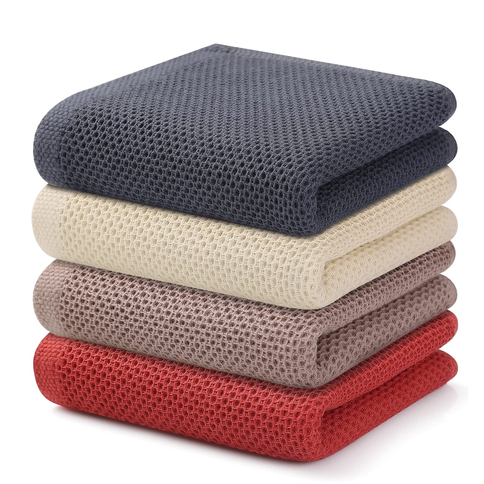 Kitinjoy 100% Cotton Waffle Weave Kitchen Towels, 4-Pack Super Soft and Absorbent Dish Towels for Drying Dishes, Kitchen Hand Towels, 13 in x 28 in, Multicolor