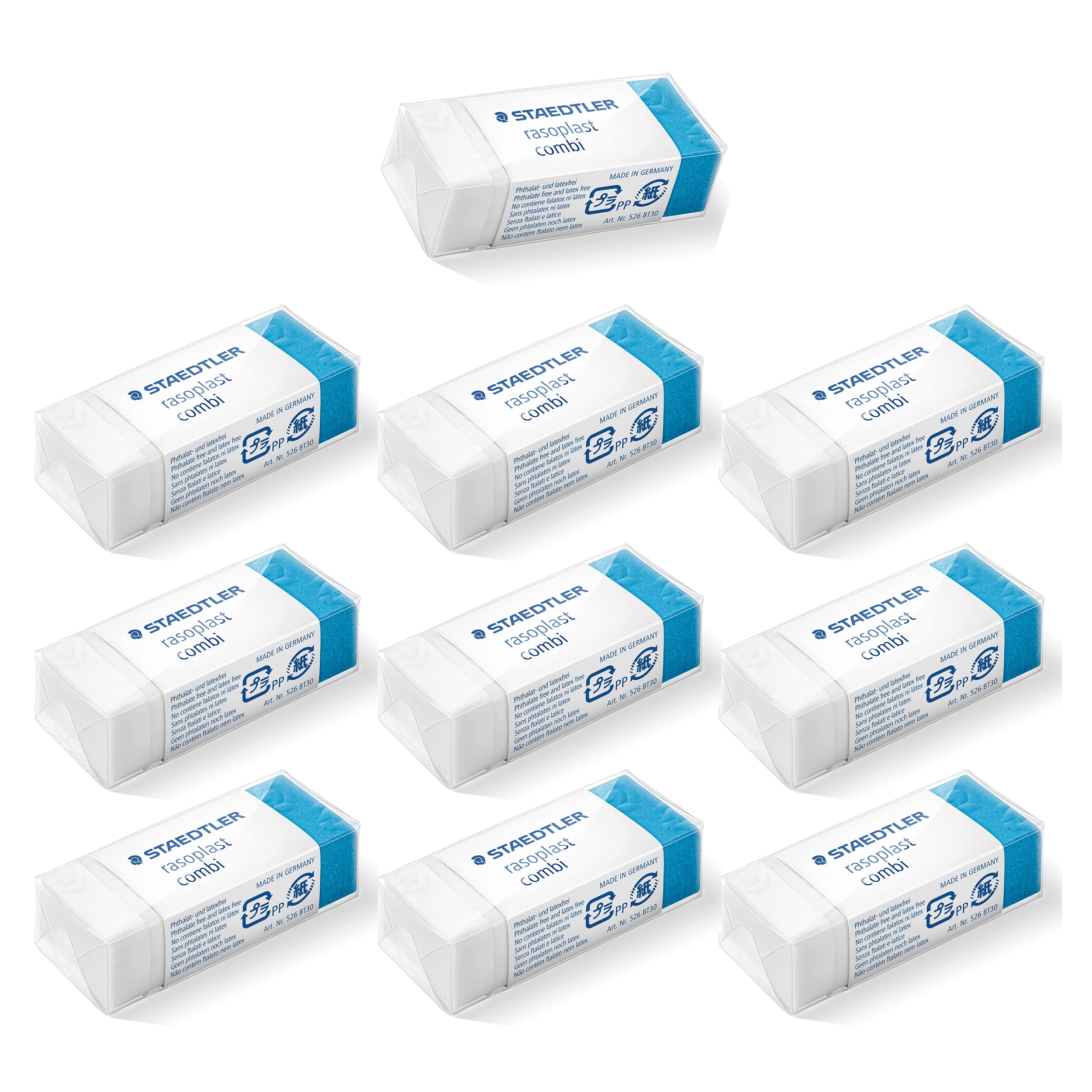 STAEDTLER 526 BT30 erasers rasoplast Combi Phthalate and Latex Free, Pack of 10, White/Blue, 526 BT30X