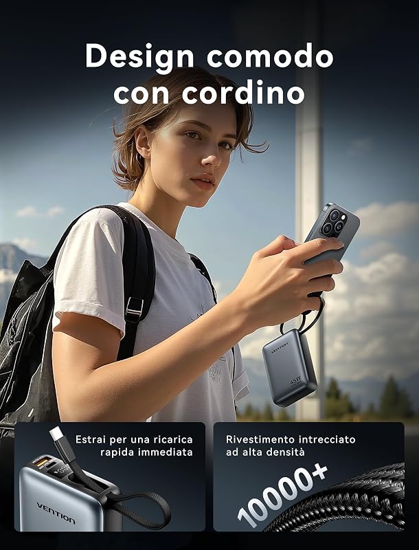 Mini Power Bank 45 W 20000 mAh con cavo USB-C integrato, PD/PPS, caricabatterie rapido, batterie esterne per cellulare con display a LED per iPhone 16/15/14, Galaxy S25/S24, iPad, laptop
