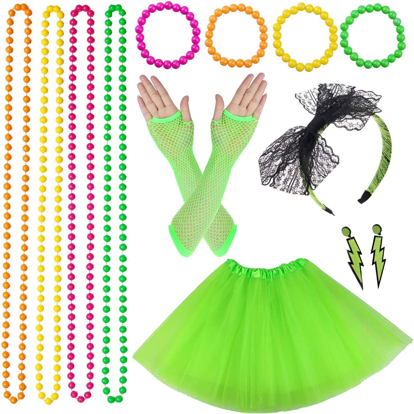 MMTX 80 s Fancy Dress for Women Adult, 1980s Neon Costume Accessories Jewellery with Earring Bracelets Bead Necklaces Large Size Skirt Gloves Set for Cool 80s Party