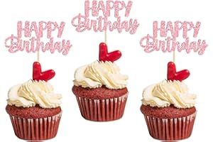 Gyufise 24Pcs Happy Birthday Cupcake Toppers Pink Glitter Celebrating Birthday Cake Picks Baby Shower Kids Birthday Party Decoration Supplies