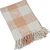 Creative Co-Op Hand-Woven Cotton Throw with Plaid Pattern and Fringe, Blush and Cream