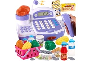 BUYGER Toy Cash Register for Kids with Real Calculator, Light and Sound Scanner, Microphone, Pretend Play Shopping Food Toys Cashier Playset Gifts for Ages 3 4 5