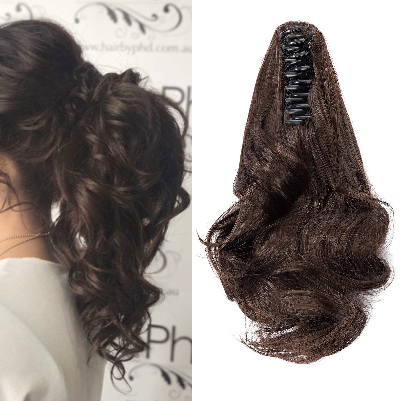 Cybelleza 12 inch Ponytail Hair Extension Curly Wavy Claw Jaw on Long Short Cute Pony Tails Clip in Hair Extensions Hairpieces Synthetic for Women (Ash Brown)