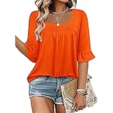 Bulotus 3/4 Length Sleeve Womens Tops Square Neck Ruffle Sleeve Blouses Dressy Casual Vacation Beach Tunic Clothes