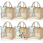 Breathffy 6 Pack Wedding Burlap Tote Bachelorette Gift Bags with Clear Window and Ribbon for Bridesmaid Beach Shower Party(Sage Green)