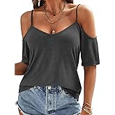 Eachyes Womens Summer Cold Shoulder Tops Low Back Short Sleeve V Neck T Shirts Sexy Casual