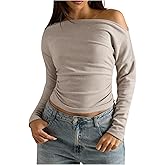 Floerns Women's Casual Off The Shoulder T Shirts Long Sleeve Ruched Fall Outfit Basic Tee Tops