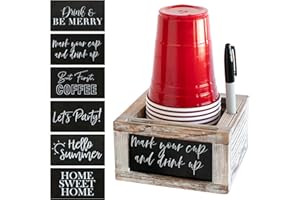 FORD & ROW Wooden Mark Your Cup and Drink Up Cup Holder- Cup Organizer with Interchangeable Signs- Hosting Essentials Coffee Cup Holder with Marker Slot- Brunch Supplies Paper Cup Dispenser- Slushie Cup