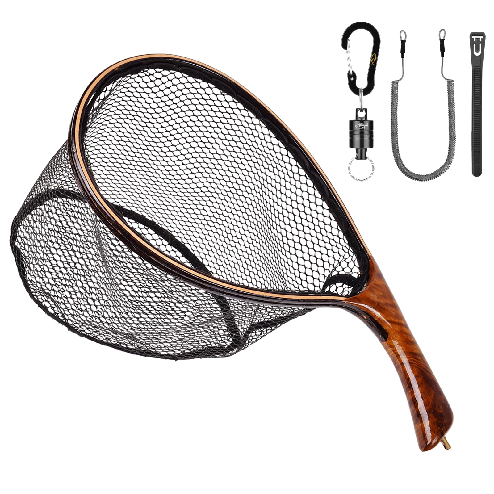 Photo 1 of SF Small Fly Fishing Landing Net with Magnetic Release Curved Handle Wooden Frame Black Rubber Mesh Net Burls Wood Grain for Streams, Small Rivers, Hikers,Tenkara