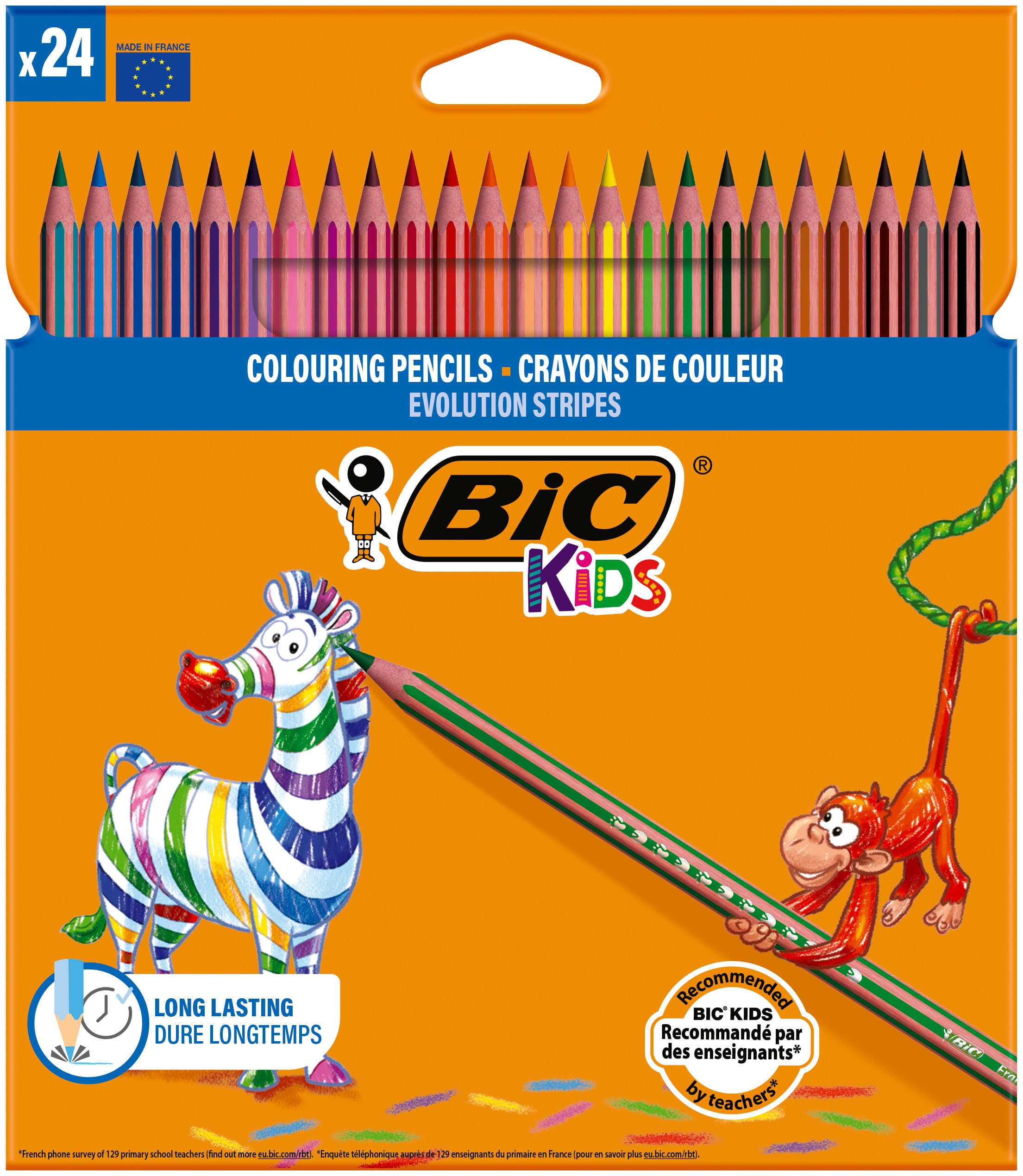 BIC Kids Evolution Stripes Colouring Pencils - Assorted Colours, 24 Count (Pack of 1)