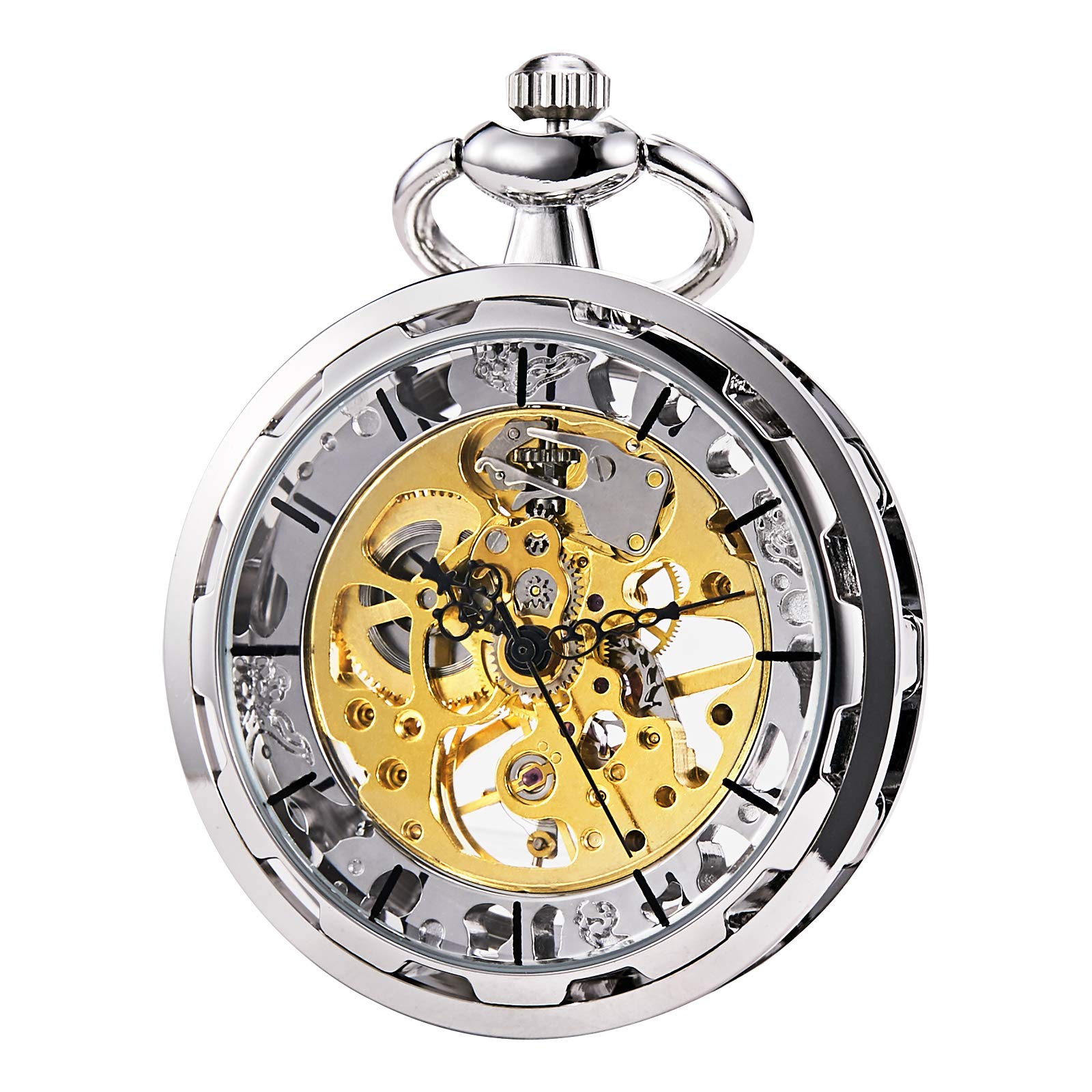 TREEWETO Men's Pocket Watch Silver Tone Steampunk Skeleton Dial Visible Gears Mechanical Movement Open Face Fob Watches