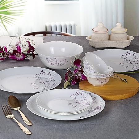Famacart Glass Cello Imperial Purple Hues Opalware Dinner Set, 33 Pieces, White